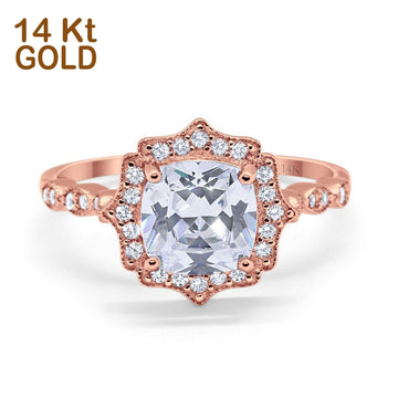 14K Rose Gold Art Deco Wedding Ring Cushion Cut Simulated Cubic Zirconia